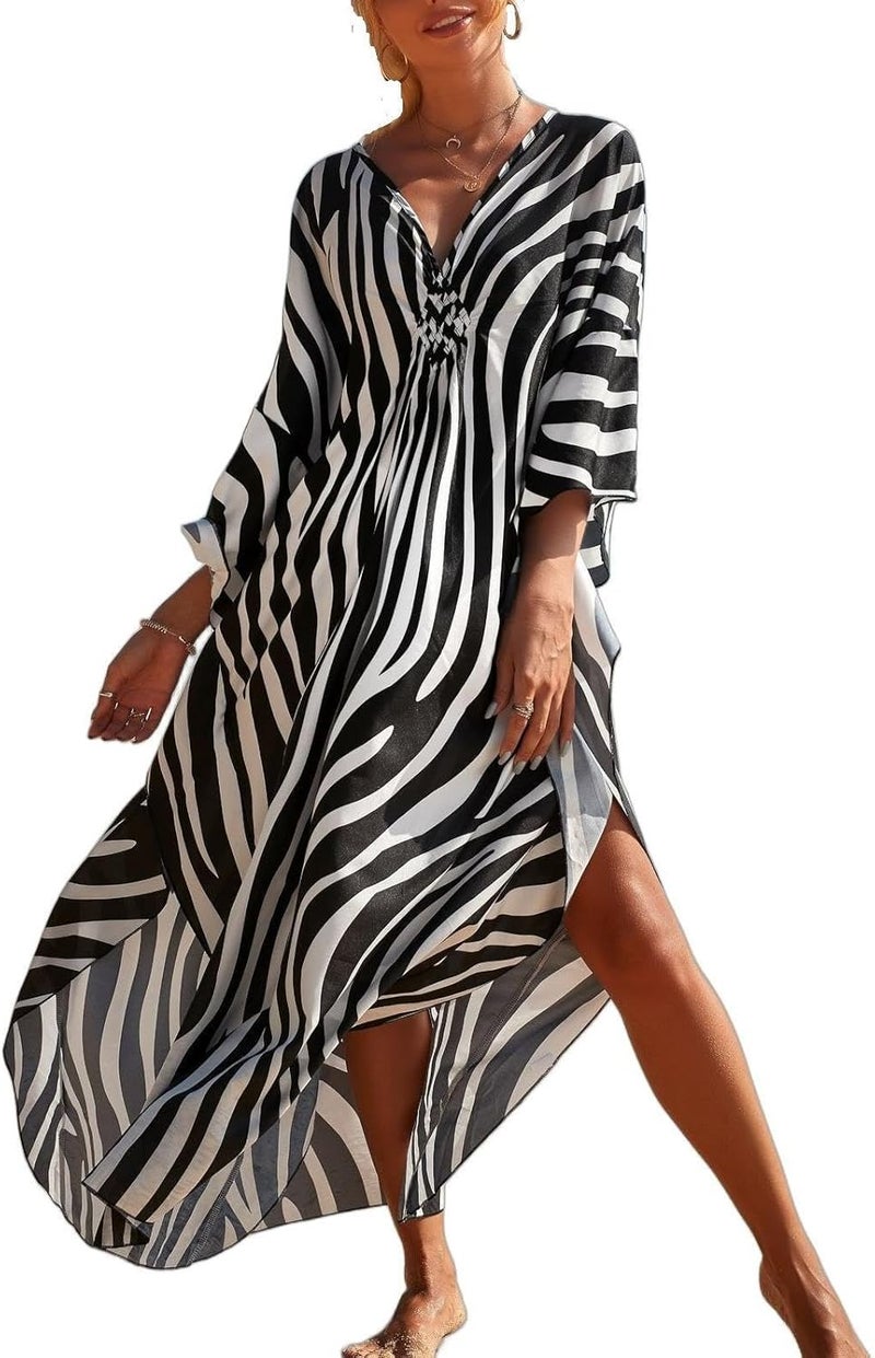 IMAGEKOPE Women's Plus Size Animal Print V-Neck Batwing Kaftan Beach Dress Bathing Suit Cover-Up Loungewear - Image 1